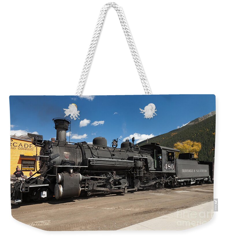 Afternoon Weekender Tote Bag featuring the photograph Silverton Station Engine 480 on the Durango and Silverton Narrow Gauge RR by Fred Stearns
