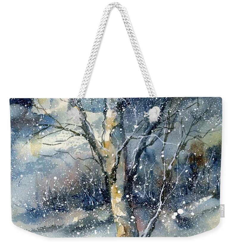 Landscape Weekender Tote Bag featuring the painting Snowfall by Virginia Potter