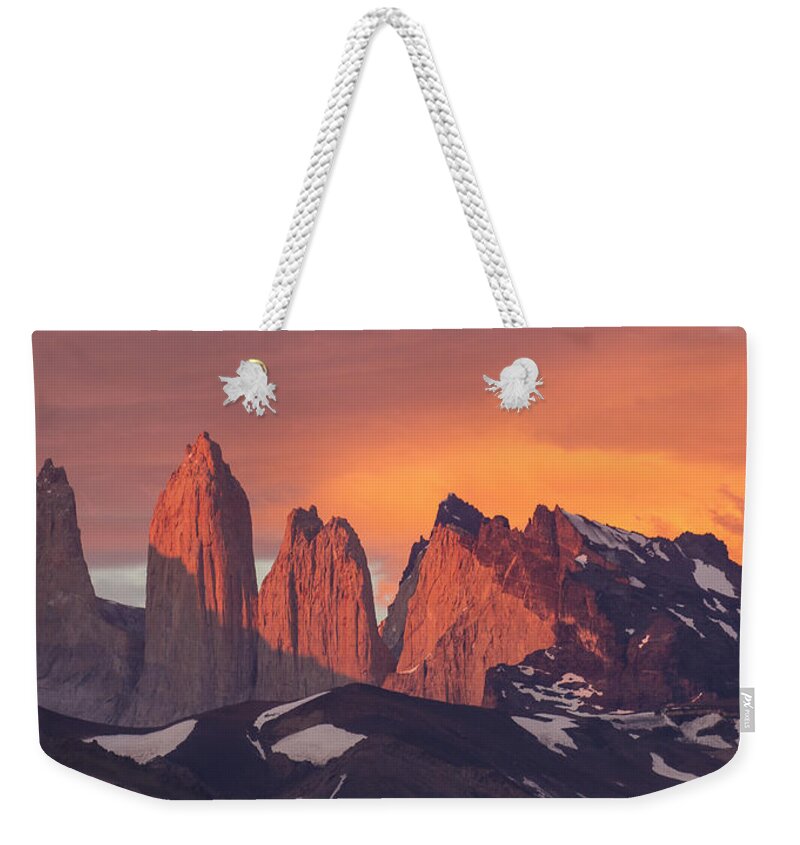 Feb0514 Weekender Tote Bag featuring the photograph Sunrise Torres Del Paine Np Chile by Matthias Breiter