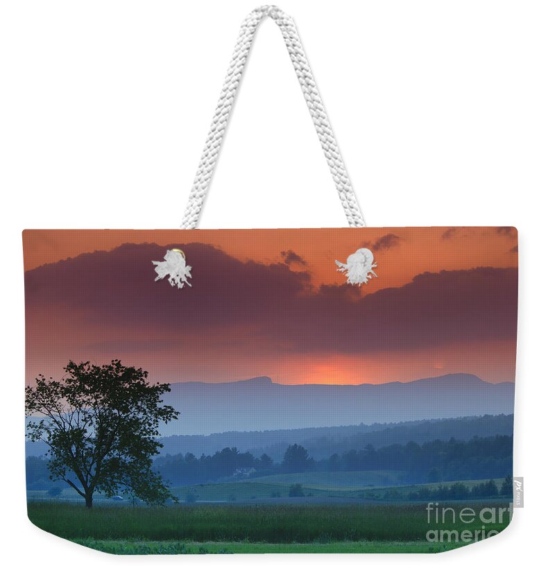 Mt. Mansfield Weekender Tote Bag featuring the photograph Sunset over Mt. Mansfield in Stowe Vermont by Don Landwehrle