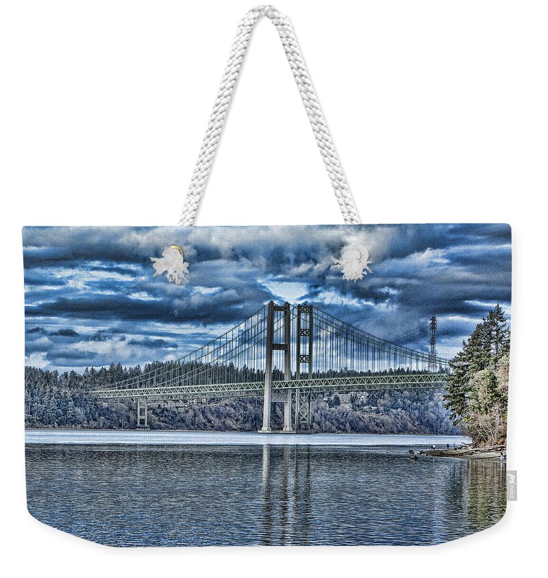 Tacoma Weekender Tote Bag featuring the photograph Tacoma Narrows Bridge by Ron Roberts