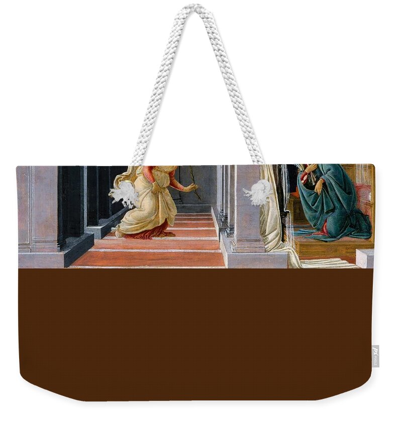 Sandro Botticelli Weekender Tote Bag featuring the painting The Annunciation #8 by Sandro Botticelli