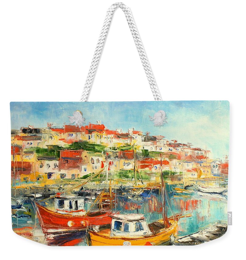 Brixham Weekender Tote Bag featuring the painting The Brixham Harbour #1 by Luke Karcz