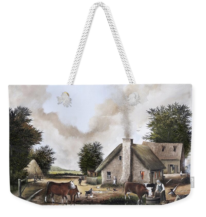 Countryside Weekender Tote Bag featuring the painting The Farmyard by Ken Wood