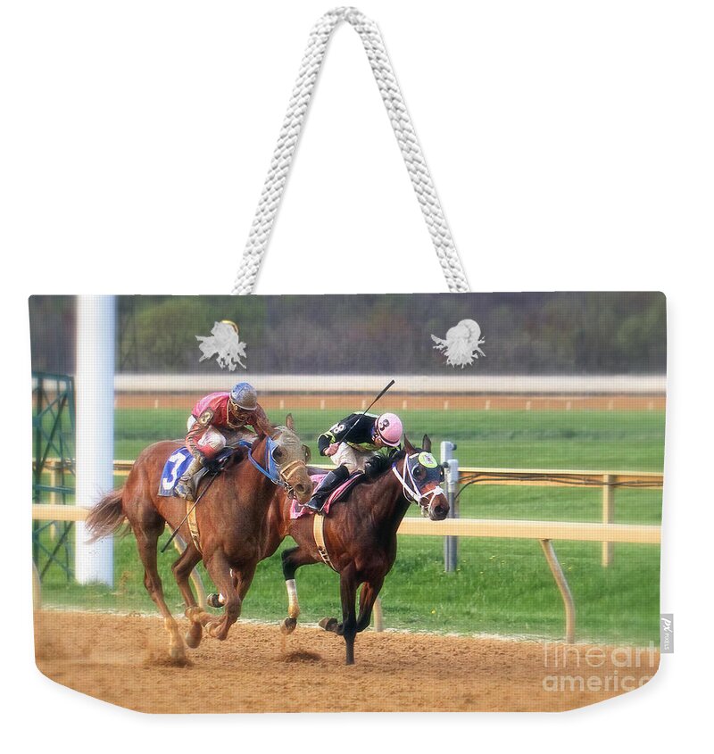 Sport Weekender Tote Bag featuring the photograph The Homestretch by Geoff Crego