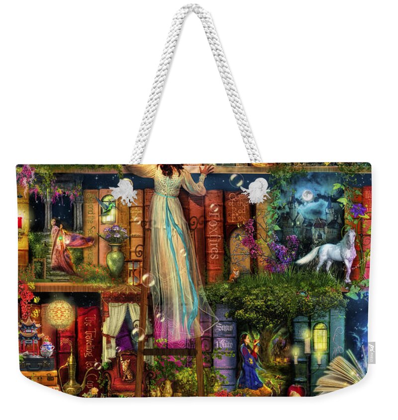 Aimee Stewart Weekender Tote Bag featuring the digital art Treasure Hunt Book Shelf by MGL Meiklejohn Graphics Licensing