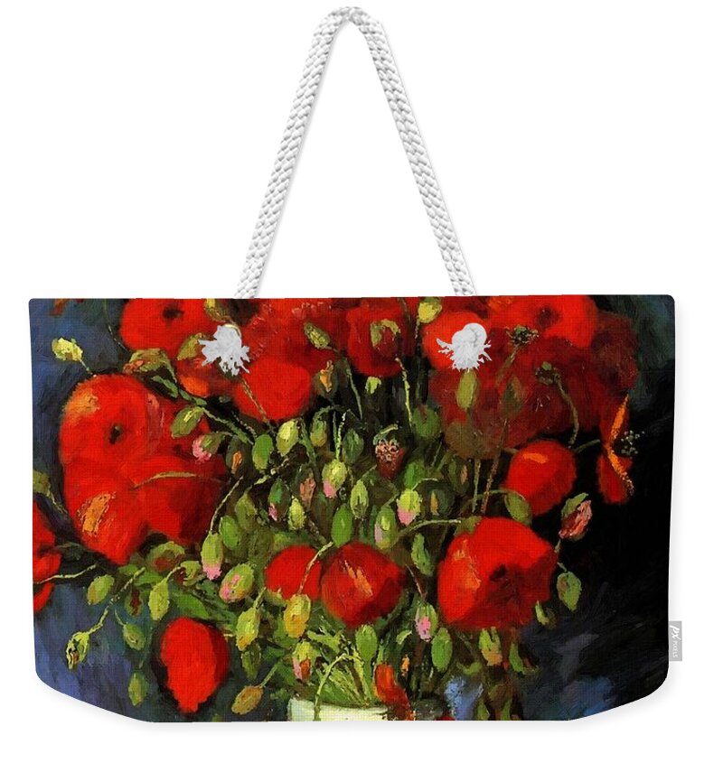 Vincent Van Gogh Weekender Tote Bag featuring the painting Vase With Red Poppies by Vincent Van Gogh