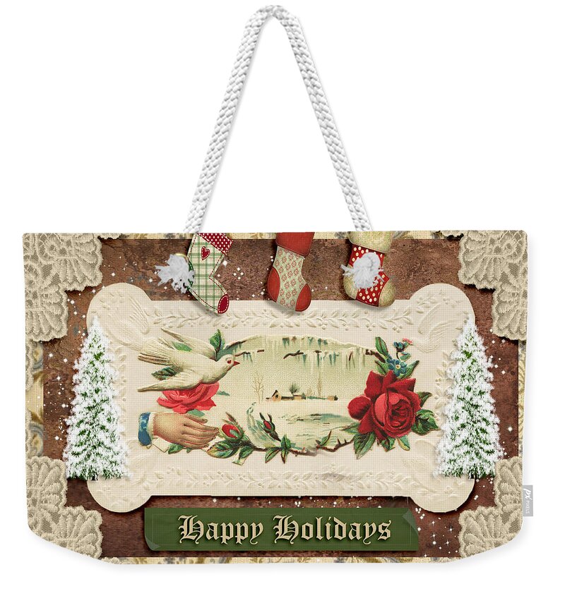 Holiday Weekender Tote Bag featuring the mixed media Vintage Happy Holidays #2 by Paula Ayers
