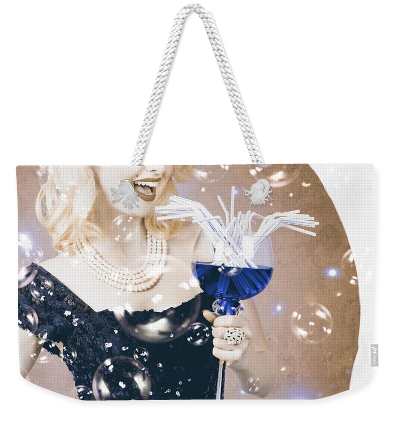 Party Weekender Tote Bag featuring the photograph Vintage jazz music night club woman. Pinup poster #1 by Jorgo Photography