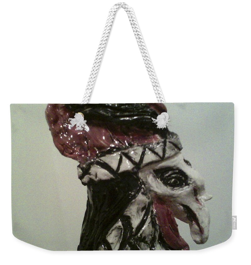 Ceramic Rooster Weekender Tote Bag featuring the sculpture Warrior Rooster by Suzanne Berthier