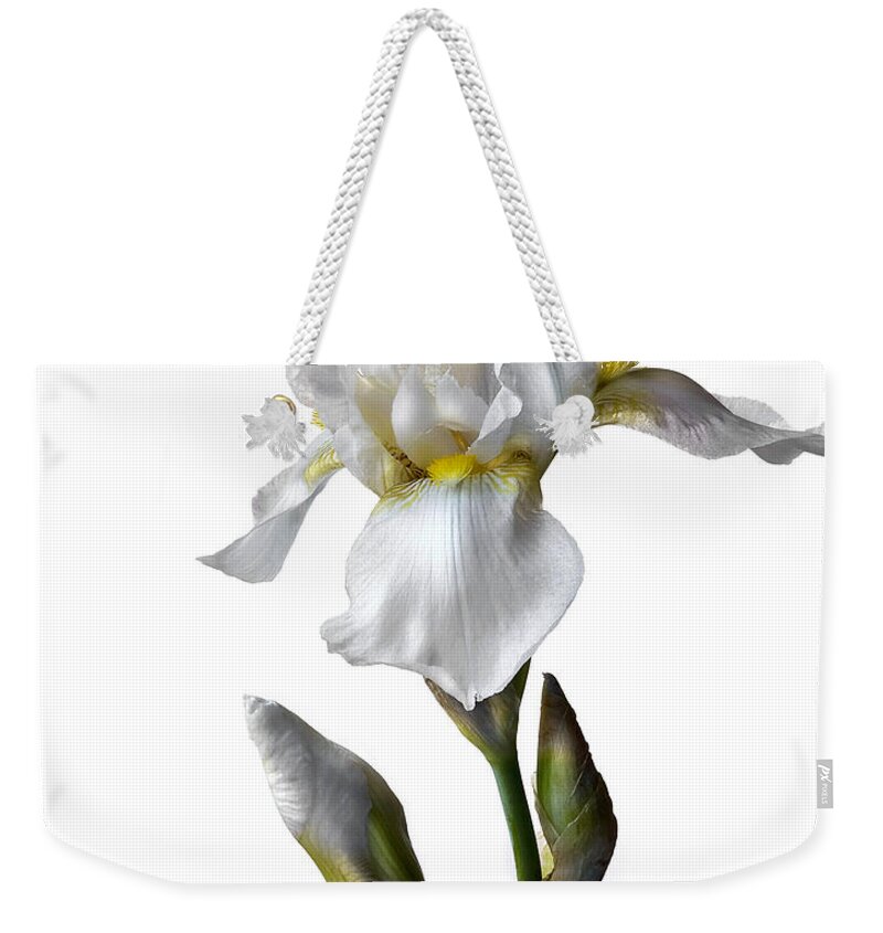 Flower Weekender Tote Bag featuring the photograph White Iris #1 by Endre Balogh