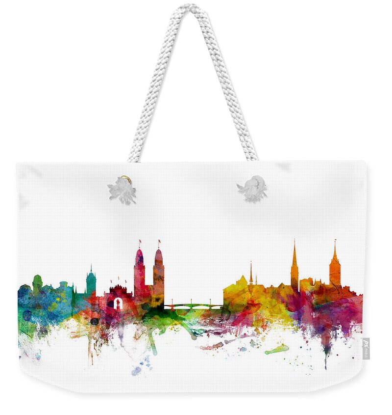 Zurich Weekender Tote Bag featuring the digital art Zurich Switzerland Skyline by Michael Tompsett