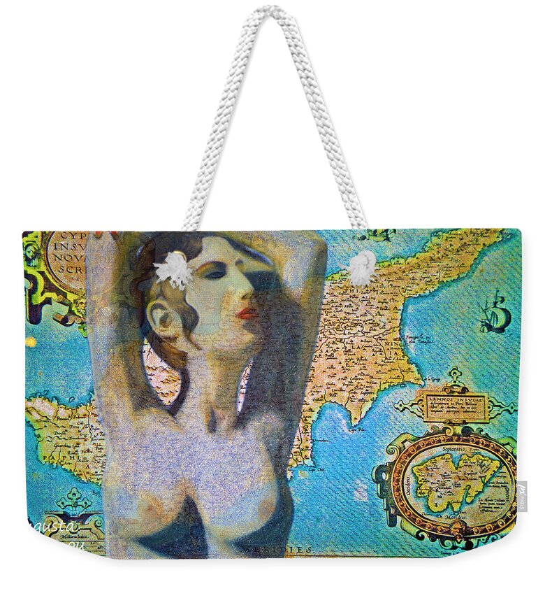 Augusta Stylianou Weekender Tote Bag featuring the digital art Ancient Cyprus Map and Aphrodite #13 by Augusta Stylianou