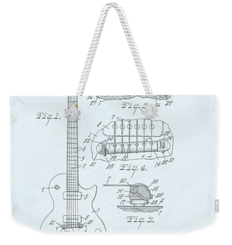 Electric Weekender Tote Bag featuring the drawing Guitar Patent Drawing on blue background by Steve Kearns