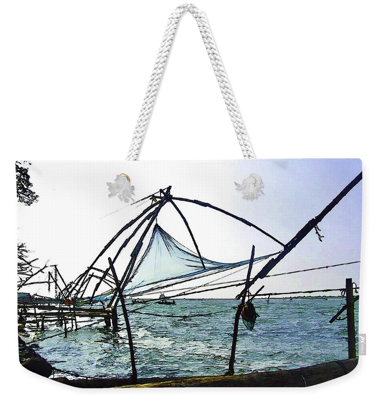 Action Weekender Tote Bag featuring the digital art Fishing nets on the sea coast in Alleppey #11 by Ashish Agarwal
