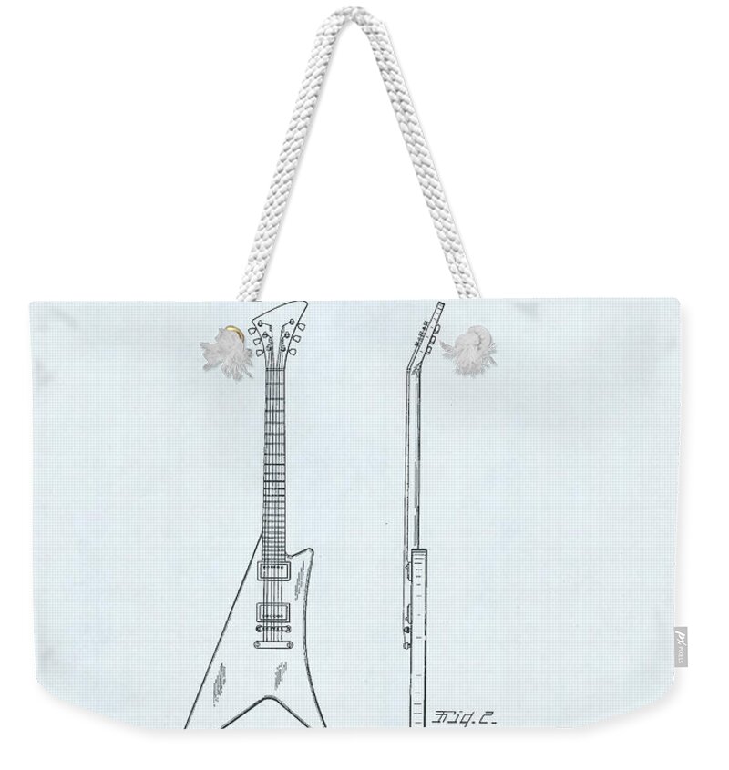 Electric Weekender Tote Bag featuring the drawing Guitar Patent Drawing on a blue background #23 by Steve Kearns
