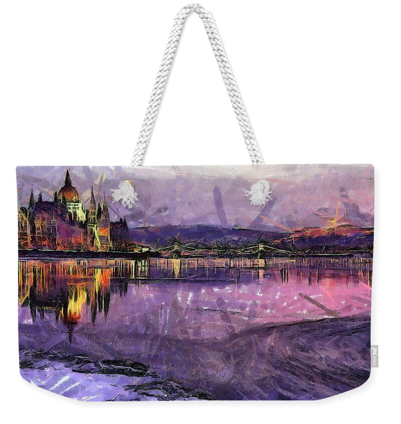 Bridge Weekender Tote Bag featuring the painting Budapest by night #13 by Odon Czintos