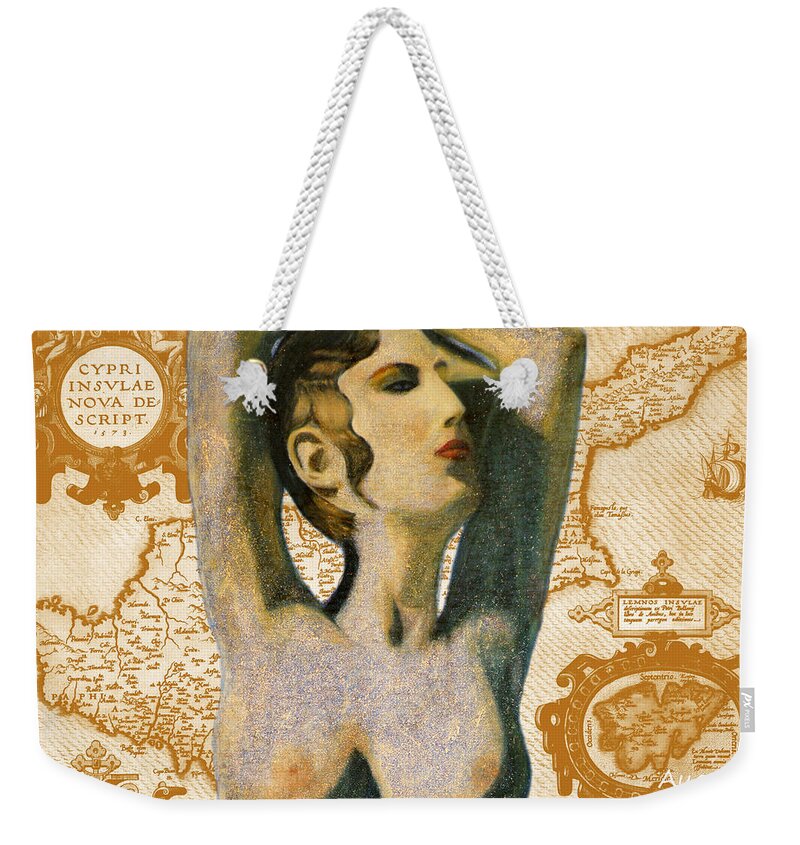 Augusta Stylianou Weekender Tote Bag featuring the digital art Ancient Cyprus Map and Aphrodite #16 by Augusta Stylianou