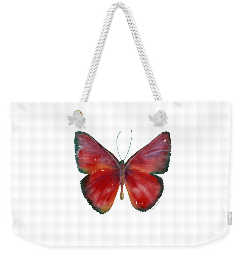 Red Weekender Tote Bag featuring the painting 16 Mesene Rubella Butterfly by Amy Kirkpatrick