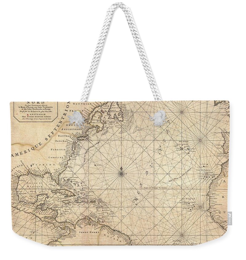  This Is A Rare And Remarkable 1693 Nautical Chart Of The Atlantic Ocean By Pierre Mortier. Covers The North Atlantic From Rough 5 Degree South Latitude To Roughly 56 Degrees North Latitude. Includes Much Of North America Weekender Tote Bag featuring the photograph 1683 Mortier Map of North America the West Indies and the Atlantic Ocean by Paul Fearn