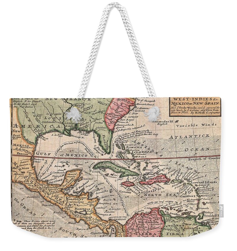  This Is Herman Molls Small But Significant C. 1732 Map Of The West Indies. Moll’s Map Covers All Of The West Indies Weekender Tote Bag featuring the photograph 1732 Herman Moll Map of the West Indies and Caribbean by Paul Fearn