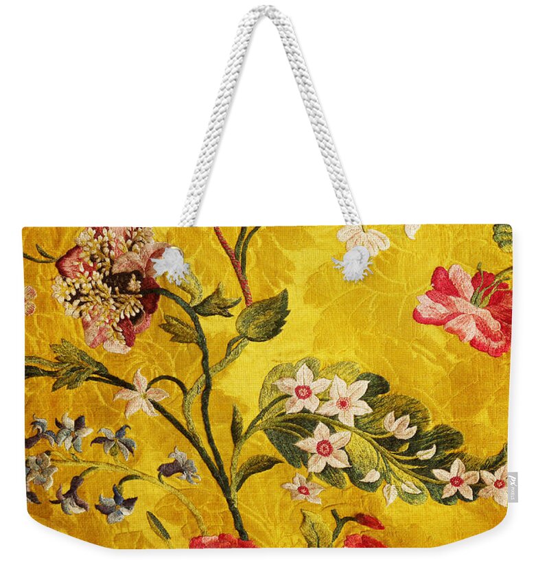 Jacobean Weekender Tote Bag featuring the photograph 17th Century Embroidery on Silk Brocade by Brenda Kean