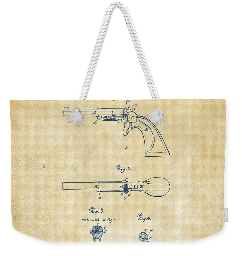 Breech Loader Weekender Tote Bag featuring the digital art 1864 Breech Loading Pistol Patent Artwork - Vintage by Nikki Marie Smith