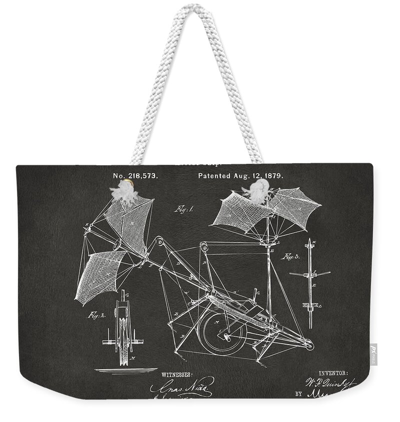 Aerial Ship Weekender Tote Bag featuring the digital art 1879 Quinby Aerial Ship Patent - Gray by Nikki Marie Smith