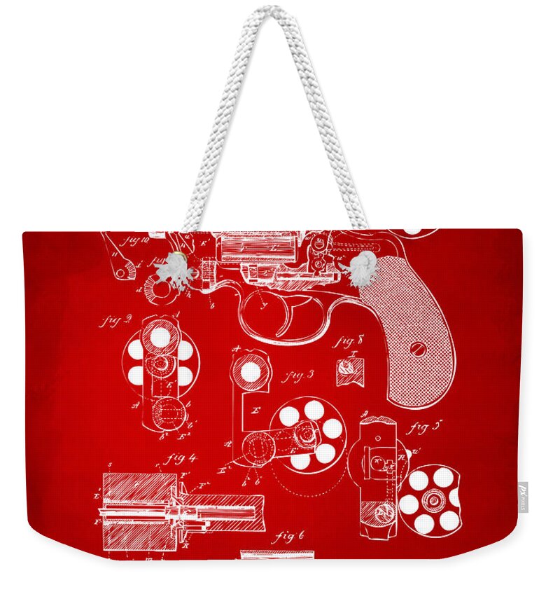 Gun Weekender Tote Bag featuring the digital art 1881 Colt Revolving Fire Arm Patent Artwork Red by Nikki Marie Smith