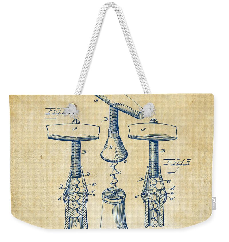 Corkscrew Weekender Tote Bag featuring the digital art 1883 Wine Corckscrew Patent Artwork - Vintage by Nikki Marie Smith