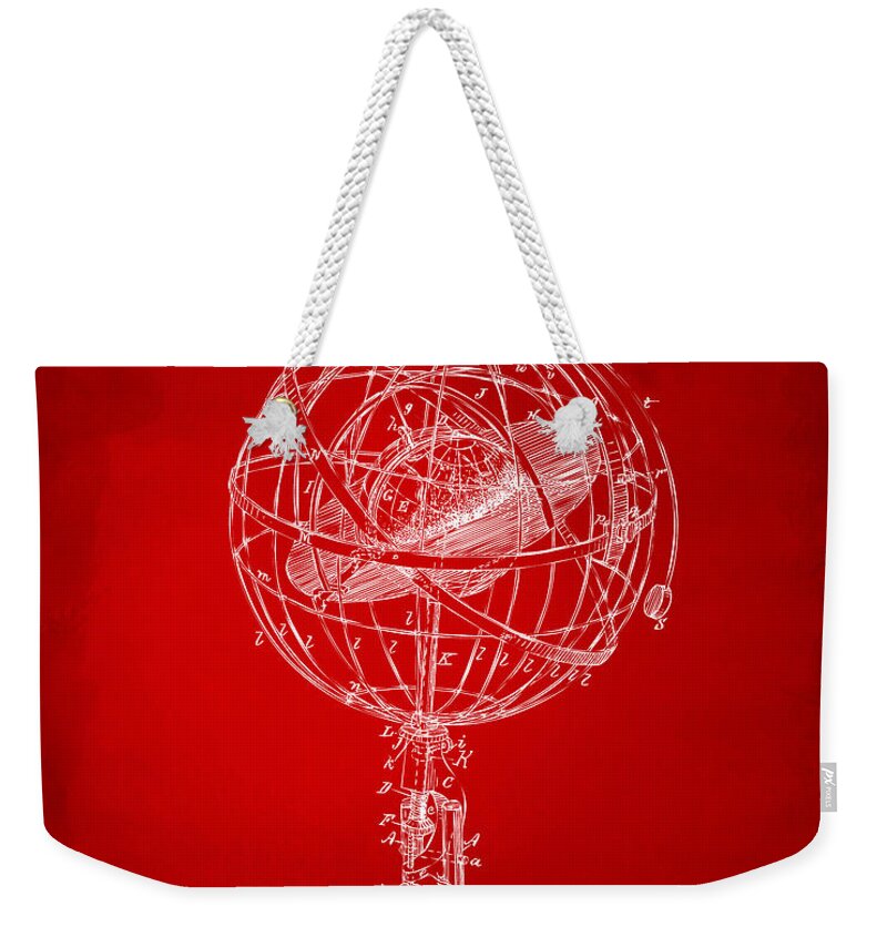 Globe Weekender Tote Bag featuring the digital art 1885 Terrestro Sidereal Sphere Patent Artwork - Red by Nikki Marie Smith