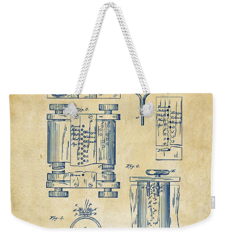 First Computer Weekender Tote Bag featuring the digital art 1889 First Computer Patent Vintage by Nikki Marie Smith
