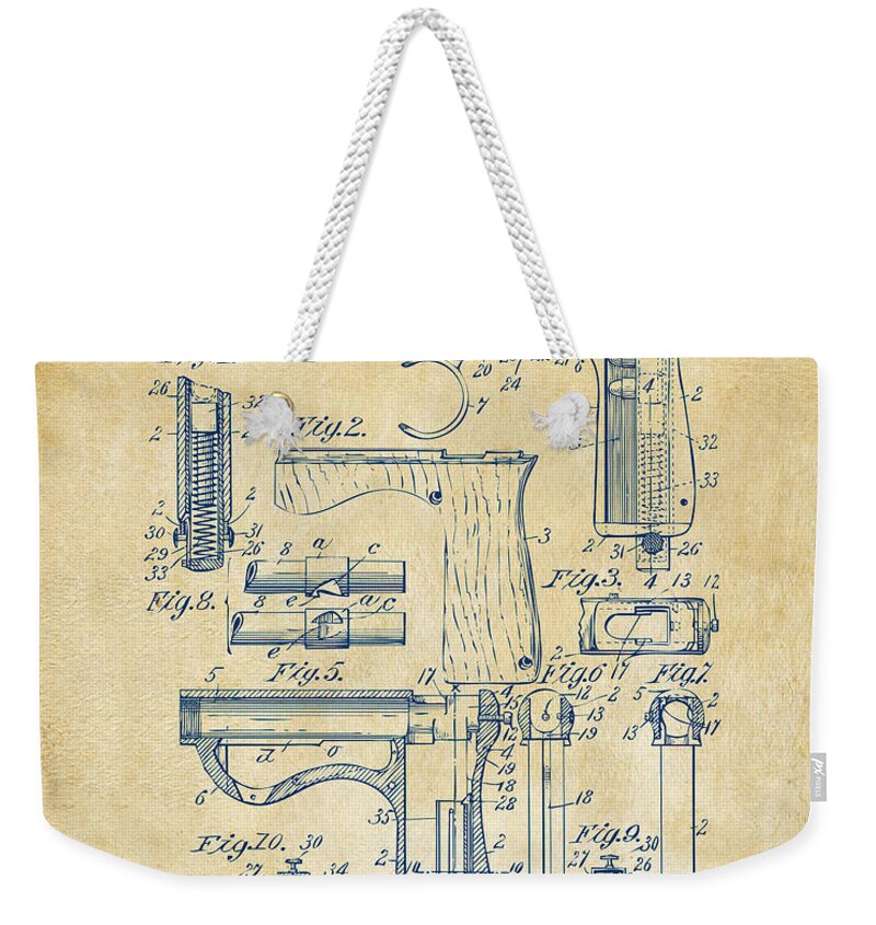 Wesson Pistol Weekender Tote Bag featuring the drawing 1898 Wesson Magazine Pistol Patent Artwork - Vintage by Nikki Marie Smith