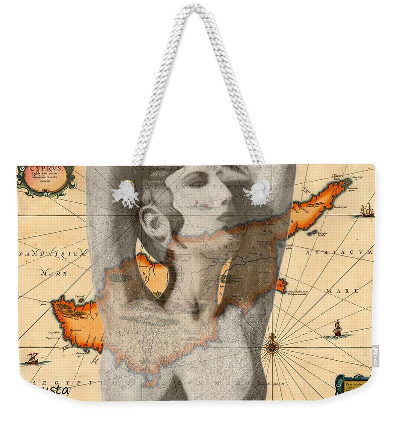 Augusta Stylianou Weekender Tote Bag featuring the digital art Ancient Cyprus Map and Aphrodite #21 by Augusta Stylianou