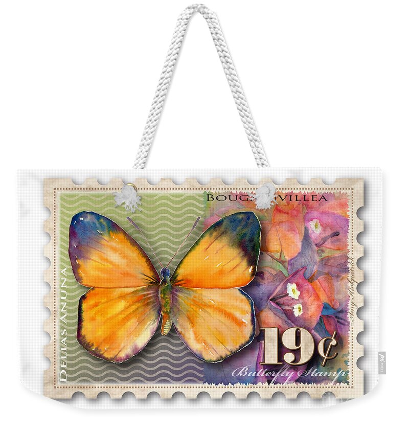 Delias Weekender Tote Bag featuring the painting 19 Cent Butterfly Stamp by Amy Kirkpatrick