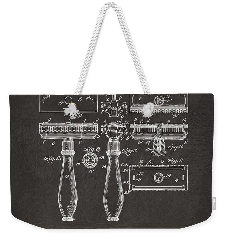 Gillette Weekender Tote Bag featuring the digital art 1904 Gillette Razor Patent Artwork - Gray by Nikki Marie Smith