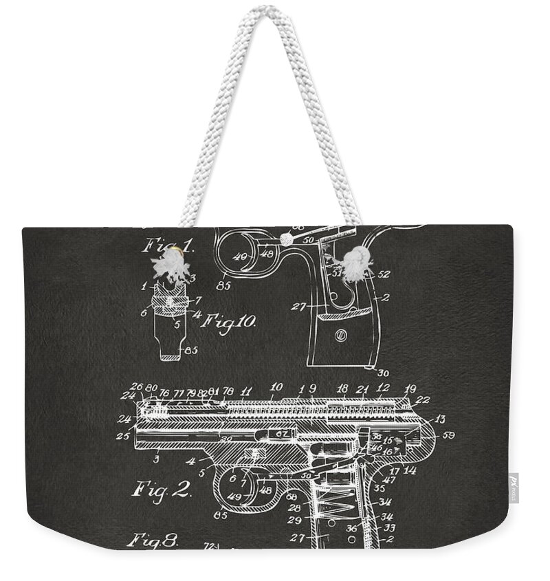 Police Gun Weekender Tote Bag featuring the digital art 1911 Automatic Firearm Patent Artwork - Gray by Nikki Marie Smith