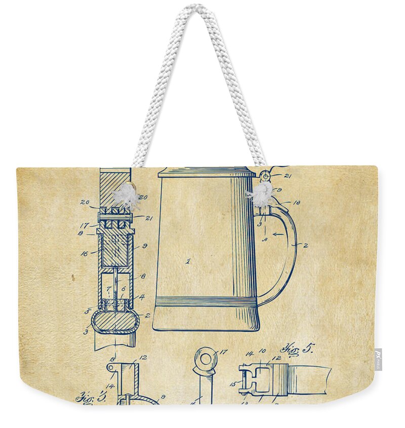 Beer Stein Weekender Tote Bag featuring the digital art 1914 Beer Stein Patent Artwork - Vintage by Nikki Marie Smith