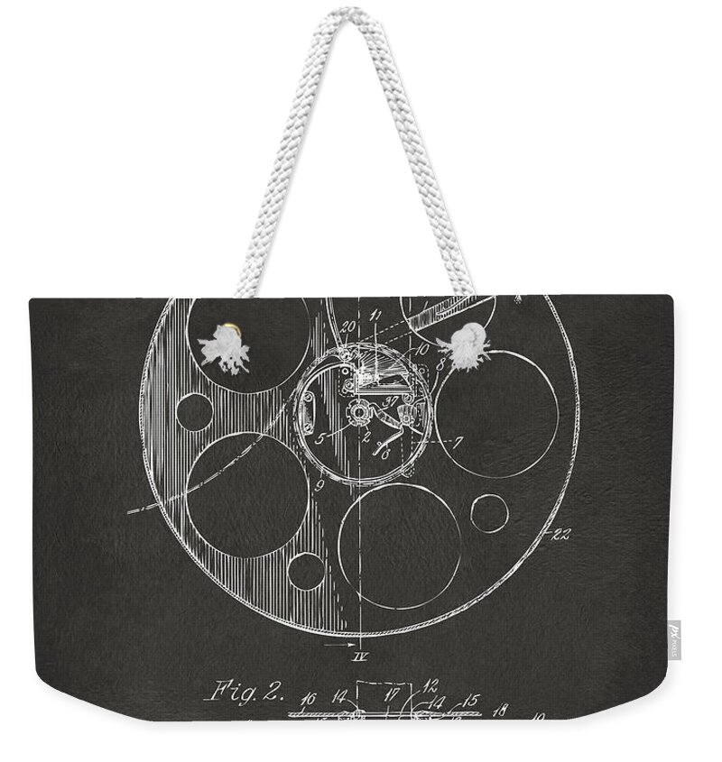 Movie Weekender Tote Bag featuring the digital art 1915 Movie Film Reel Patent Gray by Nikki Marie Smith