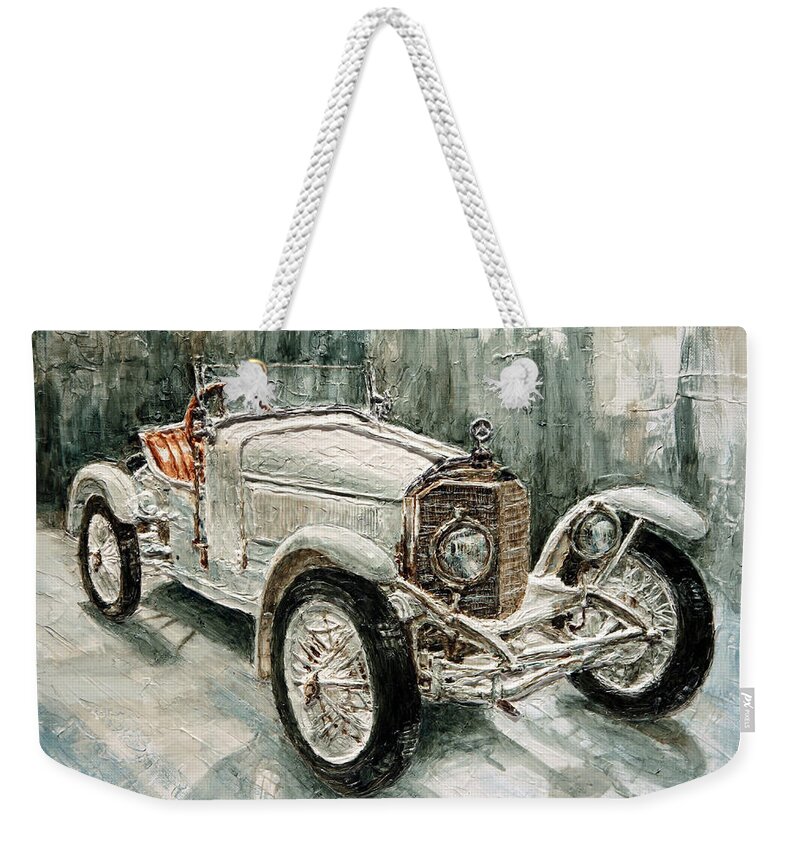 Mercedes Benz Weekender Tote Bag featuring the painting 1923 Mercedes PS Sport- Zweisitzer by Joey Agbayani