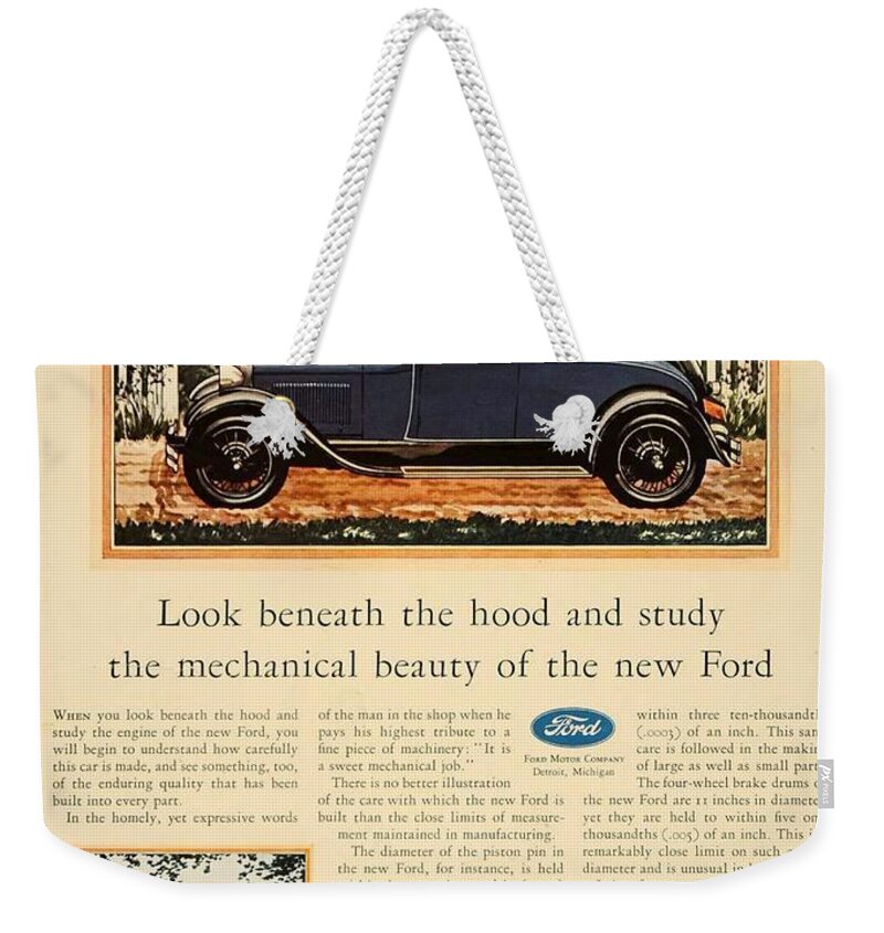 1928 Weekender Tote Bag featuring the digital art 1928 - Ford Tudor Convertible and Sedan Advertisement- Color by John Madison