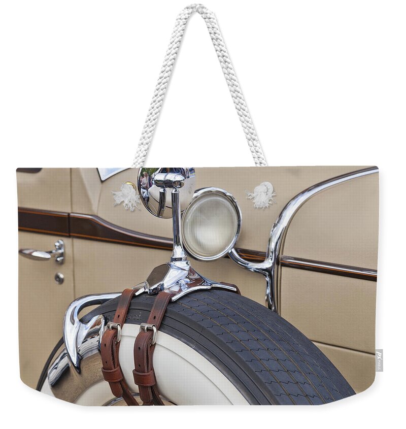 Stutz 8 Weekender Tote Bag featuring the photograph 1930 Stutz SV16 Weymann Monte Carlo by Maj Seda