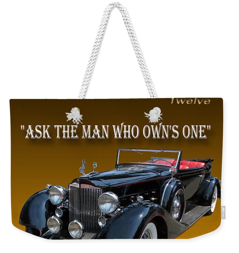 Photography By Jack Pumphrey Used In Advertising Weekender Tote Bag featuring the photograph 1934 Packard by Jack Pumphrey