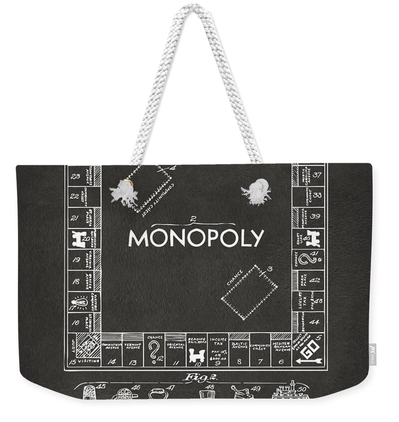 Monopoly Weekender Tote Bag featuring the digital art 1935 Monopoly Game Board Patent Artwork - Gray by Nikki Marie Smith