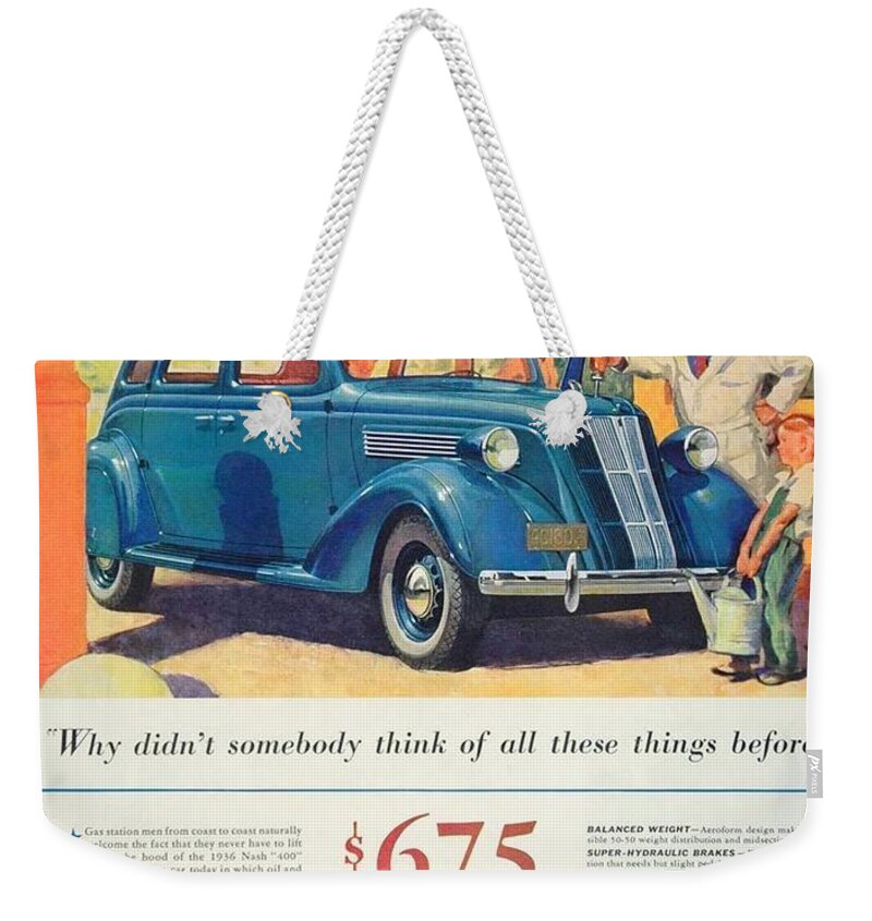 1936 Weekender Tote Bag featuring the digital art 1936 - Nash Sedan Automobile Advertisement - Color by John Madison