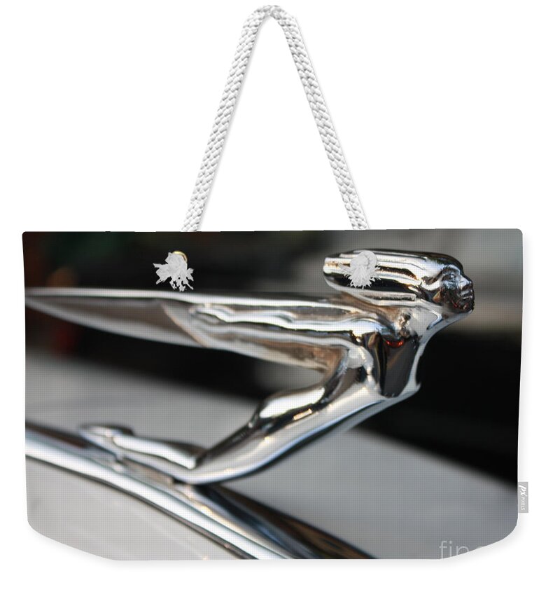 1936 Auburn Super Charger Flying Lady Hood Ornament Weekender Tote Bag featuring the photograph 1936 Auburn Super Charger Flying Lady Hood Ornament by John Telfer