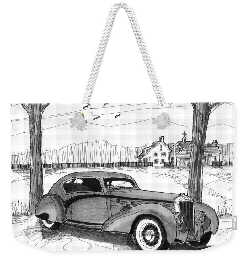 1937 Delage D8 120 Weekender Tote Bag featuring the drawing 1937 Delage D8 120 by Richard Wambach