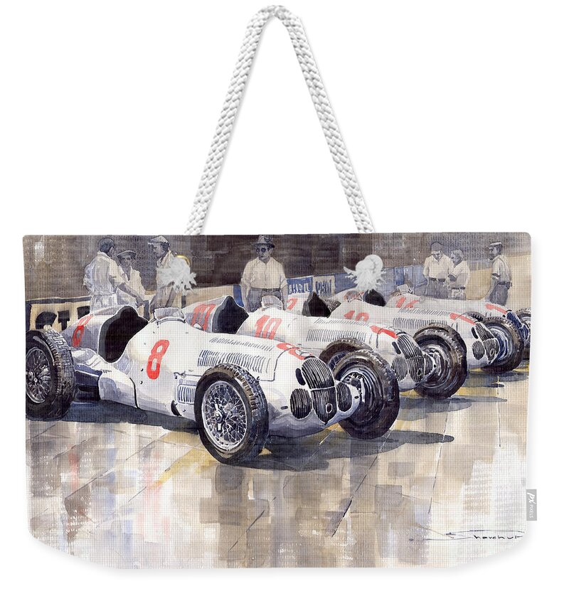 Watercolour Weekender Tote Bag featuring the painting 1937 Monaco GP Team Mercedes Benz W125 by Yuriy Shevchuk