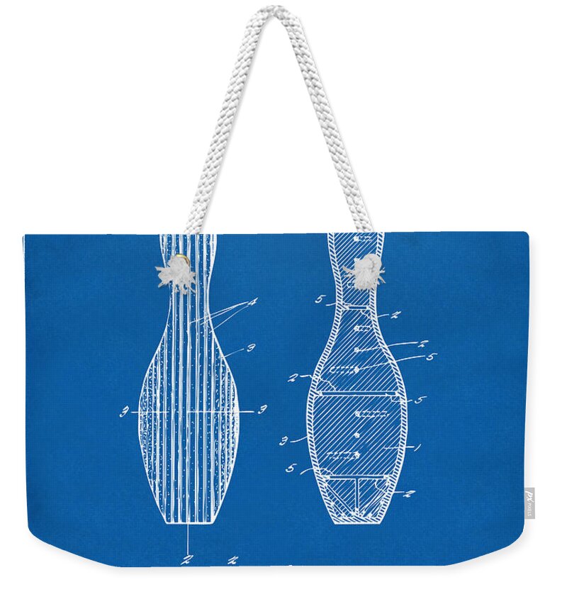 Bowling Weekender Tote Bag featuring the digital art 1939 Bowling Pin Patent Artwork - Blueprint by Nikki Marie Smith