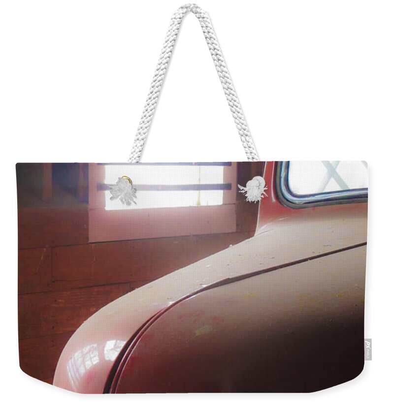 Red Weekender Tote Bag featuring the photograph 1940s Era Red Chevrolet Truck by Jo Ann Tomaselli